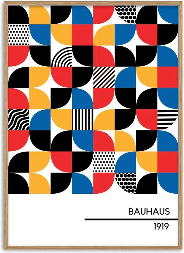 Geometric Bauhaus poster with bold red, blue, yellow, and black shapes and patterns, labeled "Bauhaus 1919".