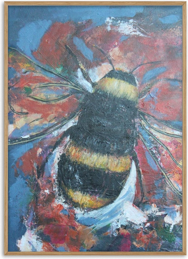 Bumblebee by Ritta Henriques Jorge - a black and yellow bumblebee on a coral red flower against dusty blue