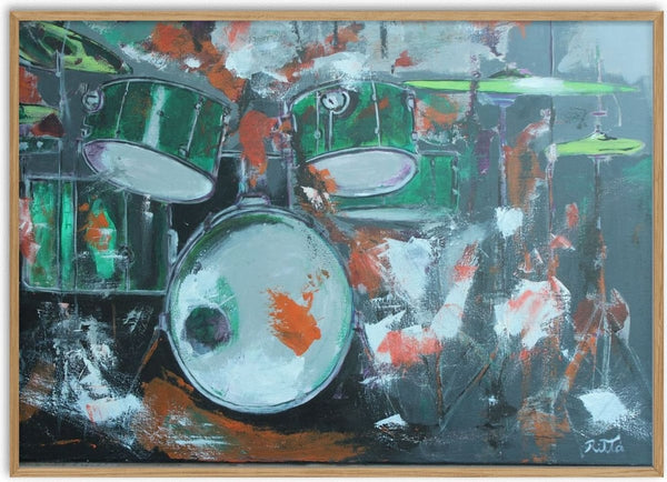 Green Drum Kit by Ritta Henriques Jorge - an emerald green drum kit with lime green cymbals on a slate grey ground