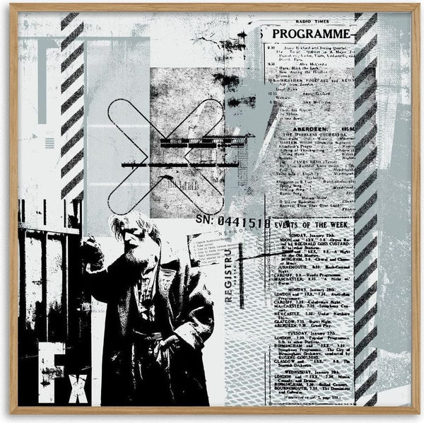 Events of the Week by Dada - a radio listings column, hazard stripes and a cut-out man kept in greys