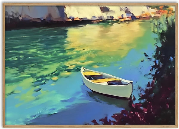 White Boat on the Lagoon by Elena Avanesova - white rowing boat on turquoise water below pale sunlit cliffs