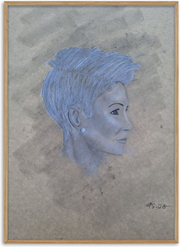Portrait in Blue by Allheartsportraits - woman in profile drawn in pale blue chalk on grey card