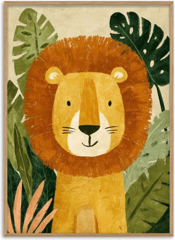 Jungle Lion by Decker Studios - lion with a rust orange mane among dark green jungle leaves on a cream background