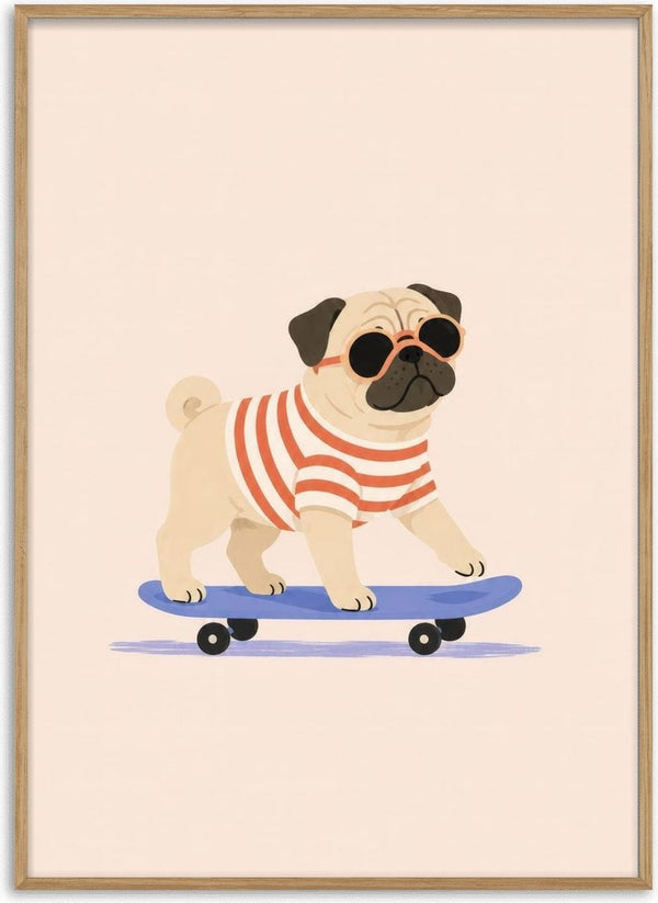 Pug on a Skateboard by Decker Studios - cream pug in orange sunglasses and a striped shirt riding a blue skateboard