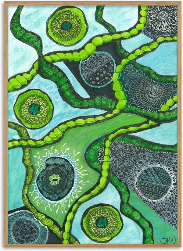 Green Cells by JHN.ByHjort - lime green and grey patterned cells linked by beaded stems on turquoise