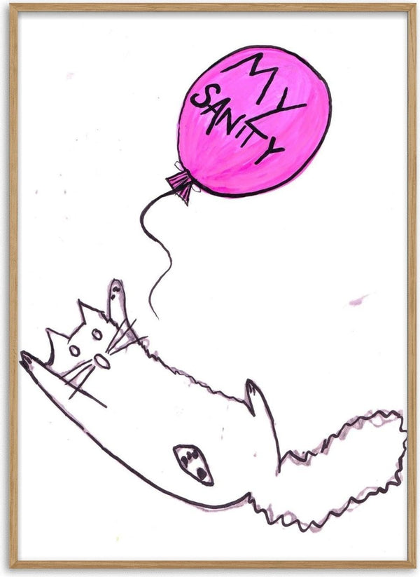 My Sanity by Camilla Nilsson - a cat in black outline losing hold of a pink balloon