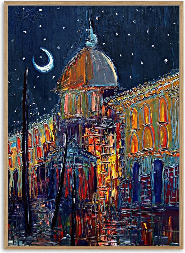 Crescent Moon over the City by Justyna Kopania - a lit night street with a dome under a crescent moon