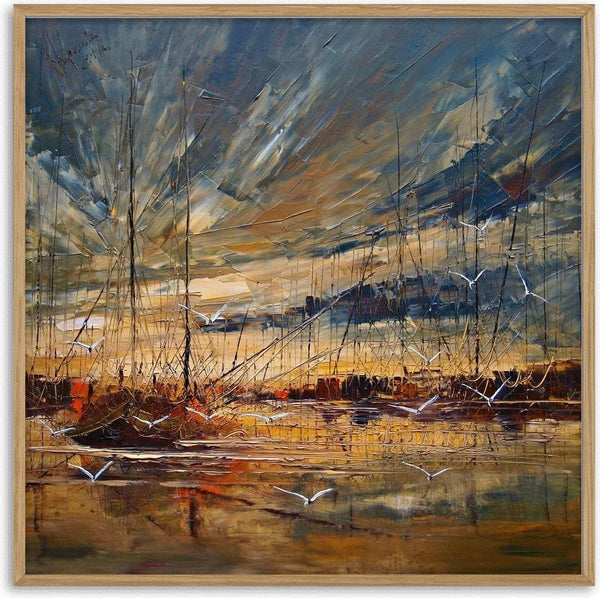 Masts in Golden Light by Justyna Kopania - bare masts and gulls over water in warm gold and brown