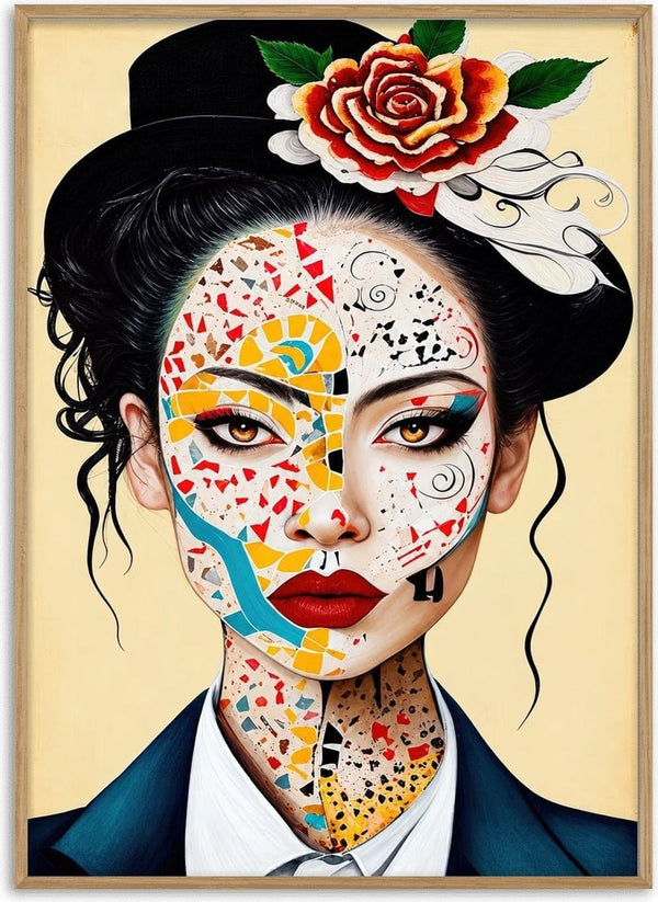Mosaic Face by Tara Green - a woman in a black hat with half her face set as a mosaic of coloured triangles