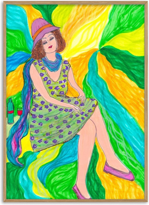 The Lilac Hat by Camilla Nilsson - a seated woman in a lilac hat and green dress against swirling yellow and green