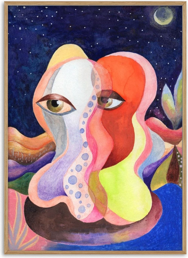 Two Faces Under the Moon by Shimmering Ugly - two melting faces in coral and lime under a starry night sky