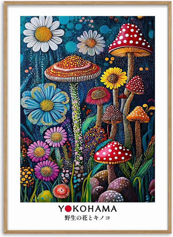 Wild Flowers and Mushrooms by Yokohama - daisies, a sunflower and red spotted mushrooms stippled in dots on a deep blue-green ground