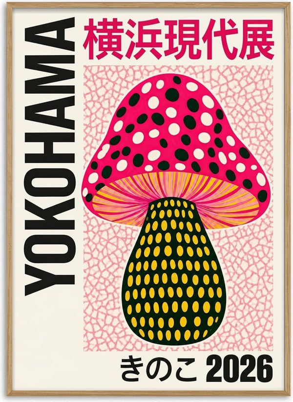 Pink Dot Mushroom Poster by Yokohama - a magenta spotted mushroom on a cracked pink ground