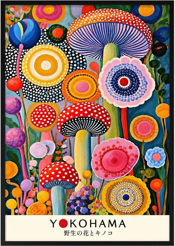 Mushroom and Flower Garden by Yokohama - spotted red mushrooms among dotted flower discs on blue-grey
