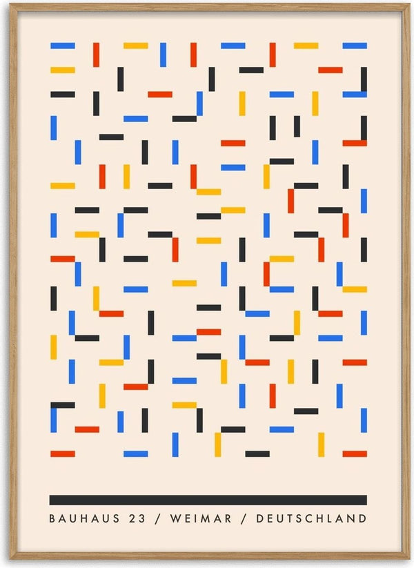 Bauhaus Dashes by Neil Stevens - blue, red, yellow and black dashes scattered on warm off-white