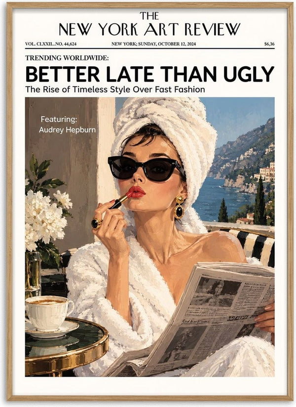Better Late Than Ugly by ARTSY FARTSY - a magazine cover with a woman in a towel turban and sunglasses above a blue bay