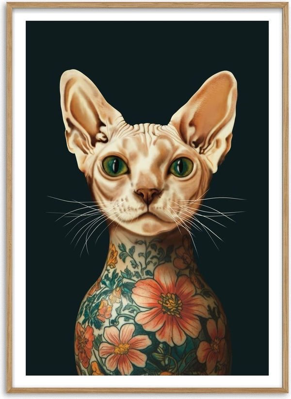 Tattooed Sphynx by Nari - a hairless cat with green eyes and a floral tattoo against black