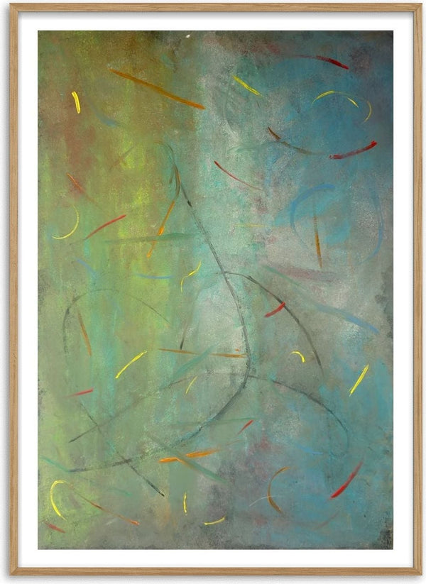 Drifting Marks by Miguel Lemos - scattered yellow and red marks on a soft green field