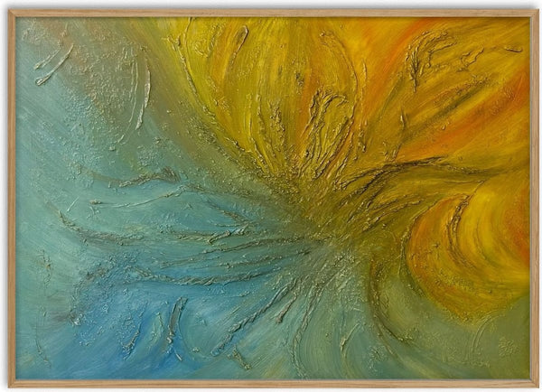Yellow Burst by Miguel Lemos - gold strokes bursting across a teal and sea green ground
