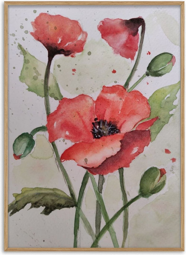 Red Poppies by RenataK - three red poppies on green stems in watercolour on white paper
