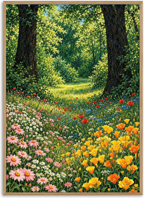 Forest Clearing in Bloom by Yokohama - a green forest path behind a meadow of daisies and orange poppies