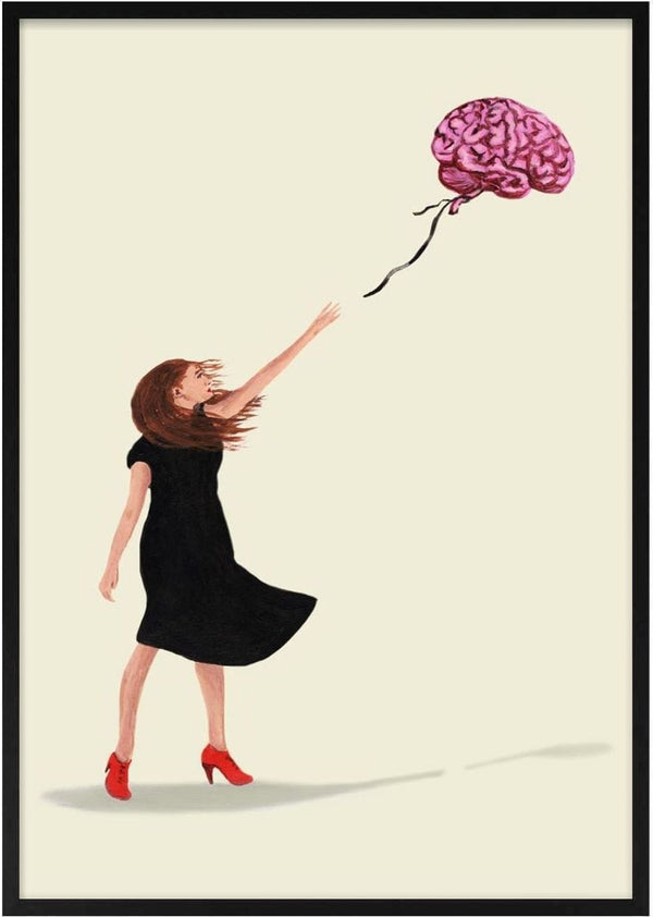 Woman in black dress and red heels reaching for a pink brain-shaped balloon, Banksy inspired art print.