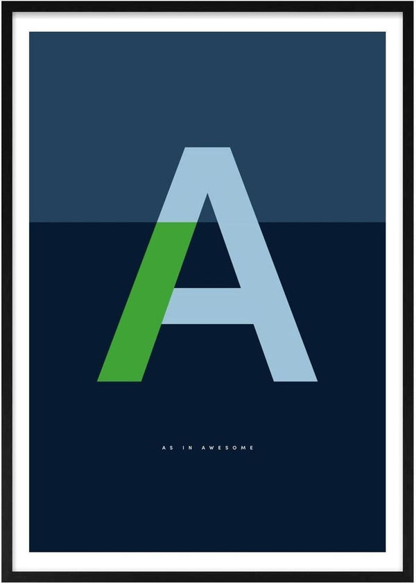 A as in Awesome – Blue by Quite Nice Prints - a pale blue capital A with a green stroke on navy
