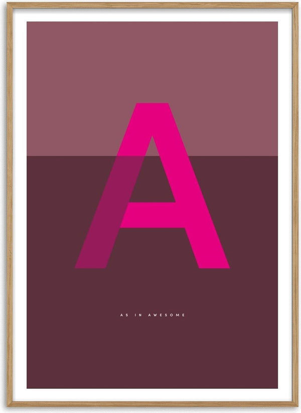 A as in Awesome – Cerise by Quite Nice Prints - a cerise capital A on mauve and deep plum