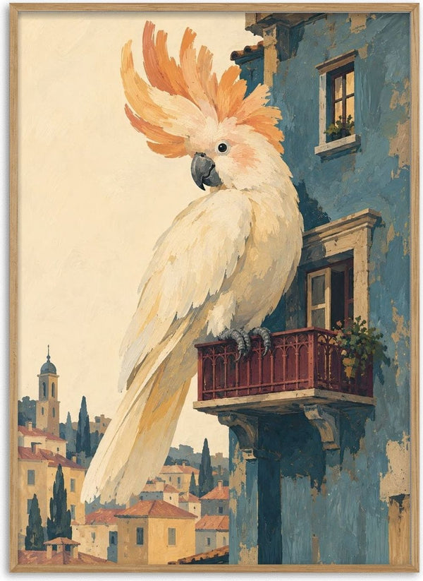 A Balcony of One’s Own by Matthews Gallerie - a white cockatoo on a blue balcony above a hillside town