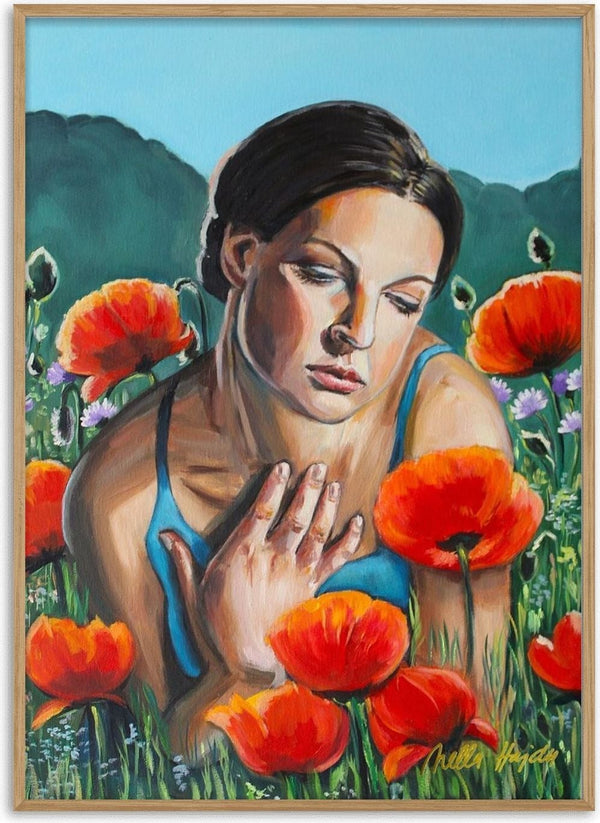 A Moment of Stillness by Nella Hajdu - woman in a blue top among large red poppies with green hills behind her
