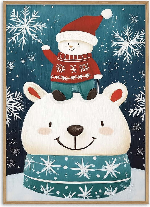 Illustration of a polar bear with a smiling face wearing a festive hat, surrounded by snowflakes for Christmas.
