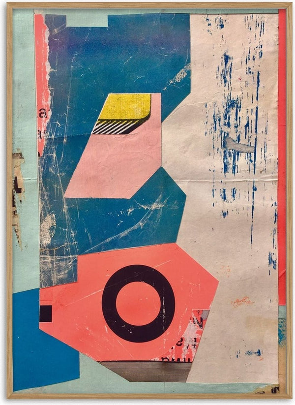 Abstract Composition No.2 by Kareem Rizk - torn coral, teal and yellow paper shapes over a scratched blue-grey ground