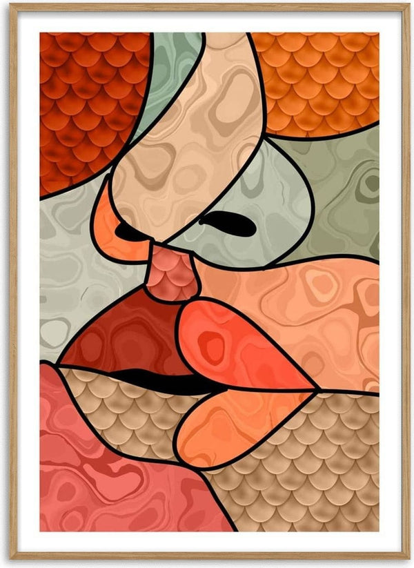 Abstract illustration of two faces kissing, featuring bold lines and textured, colorful shapes.
