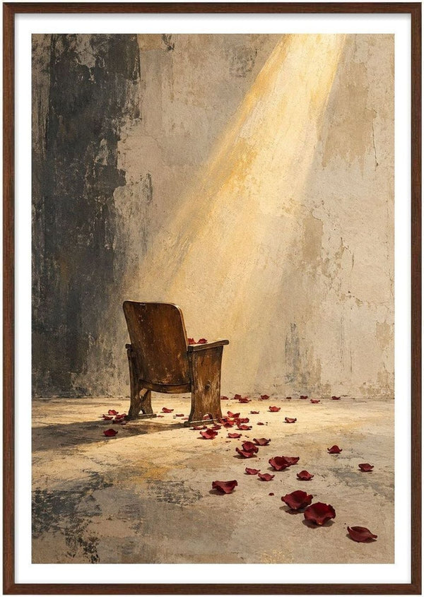 After the Applause by Matthews Gallerie - an empty theatre seat in a shaft of light with scattered rose petals