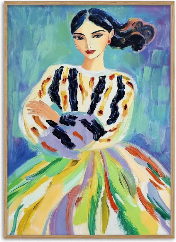 Colorful abstract portrait of a woman in a multicolored dress, featured on All Colors Baby by David Wolf.