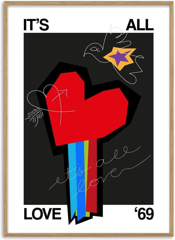 Abstract heart with colorful stripes, dove, and "It's All Love '69" text on black background for All Love Black product.