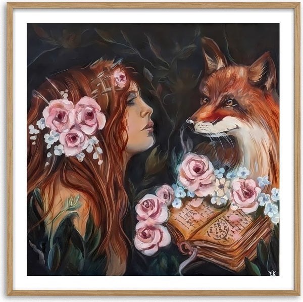 Anne´s Fox encounter by Elisa Kay - a red-haired woman and a red fox facing each other over an open book framed by pink roses