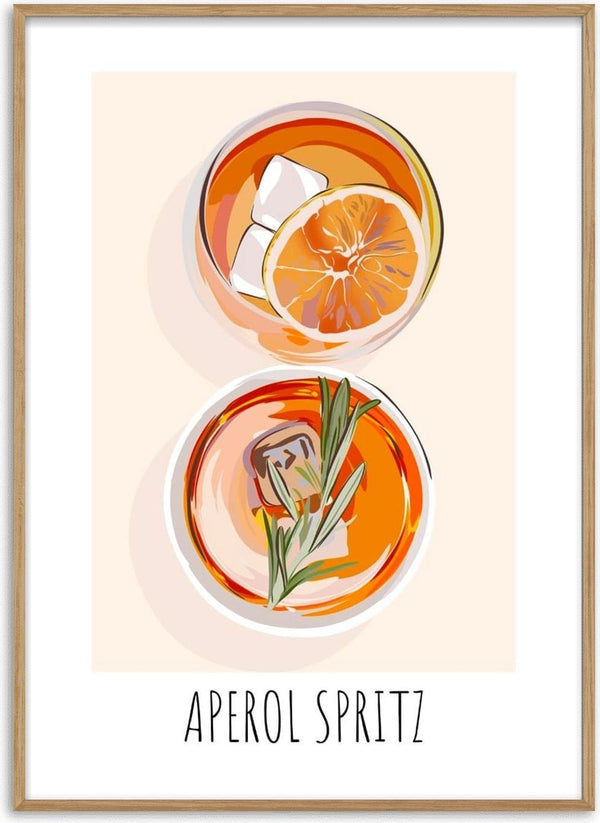 Aperol Spritz poster by Lisen Vennesland with two orange cocktails seen from above on a peach background
