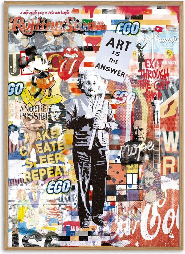 Collage artwork featuring pop culture icons and a central figure holding a sign that says "Art is the Answer".
