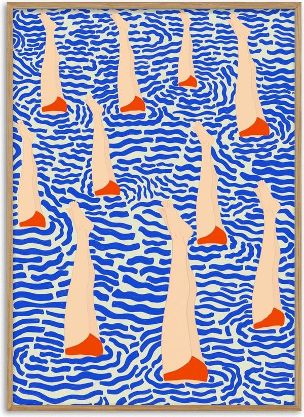 Illustration for BaApistas - Jotadejai featuring legs in orange swim caps above wavy blue water.