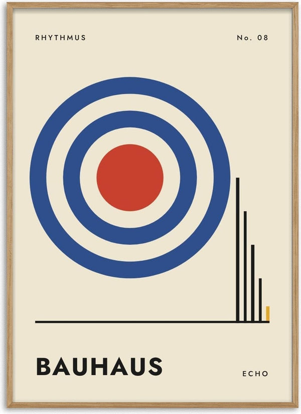 Bauhaus Echo by ARTSY FARTSY, Bauhaus poster with concentric blue rings around a red centre with stepped black bars