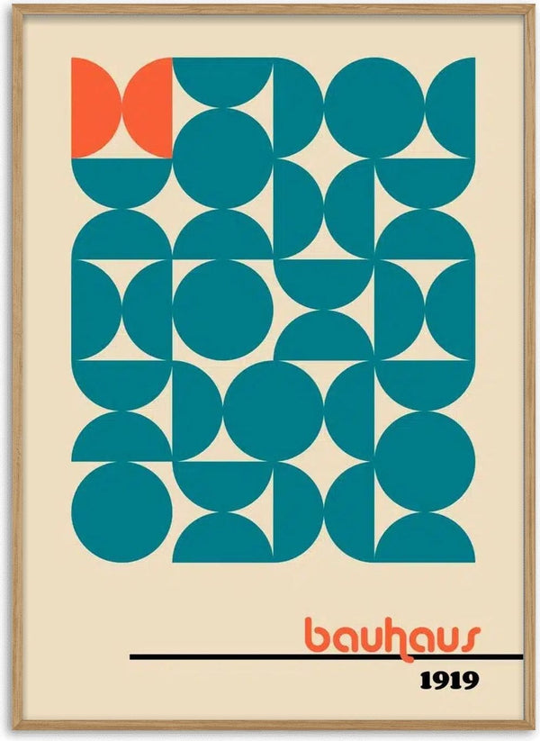 Abstract Bauhaus poster with blue geometric shapes, one orange accent, "bauhaus" and "1919" text at the bottom.