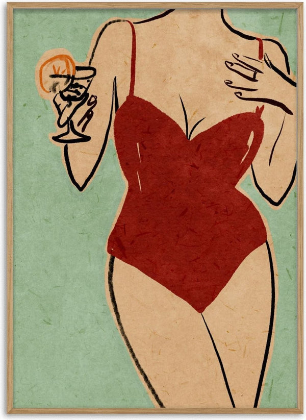 Illustration of a woman in a red swimsuit holding a cocktail, inspired by Beach Girl - Raissa Oltmanns.