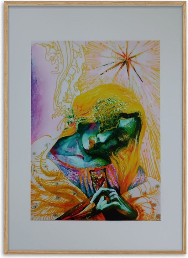 Betelgeuse by Alice Ruja — a bowed woman with golden glitter hair and a green-toned face beneath a radiant red-and-gold star.