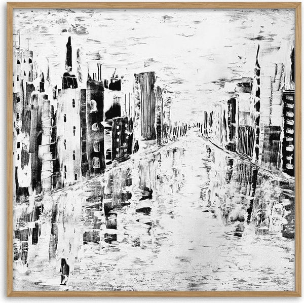 Beyond Time by Sabine Halbrock - a black and white city with towers along a straight street