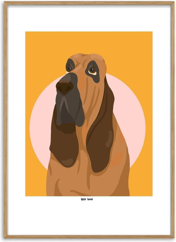 Big Dog by Jakob Falkenberg - a bloodhound on an orange panel with a pale pink circle behind its head