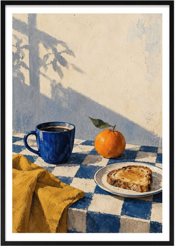 Blue Hour Breakfast by Matthews Gallerie - coffee, an orange and toast on a blue chequered cloth