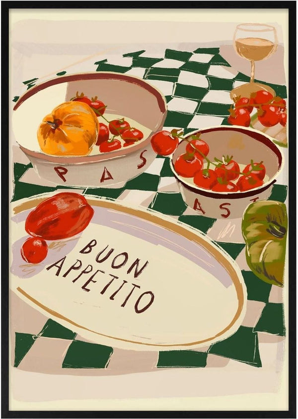 Buon Appetito by ThingDesign - an Italian table of tomatoes and wine on a green checked cloth