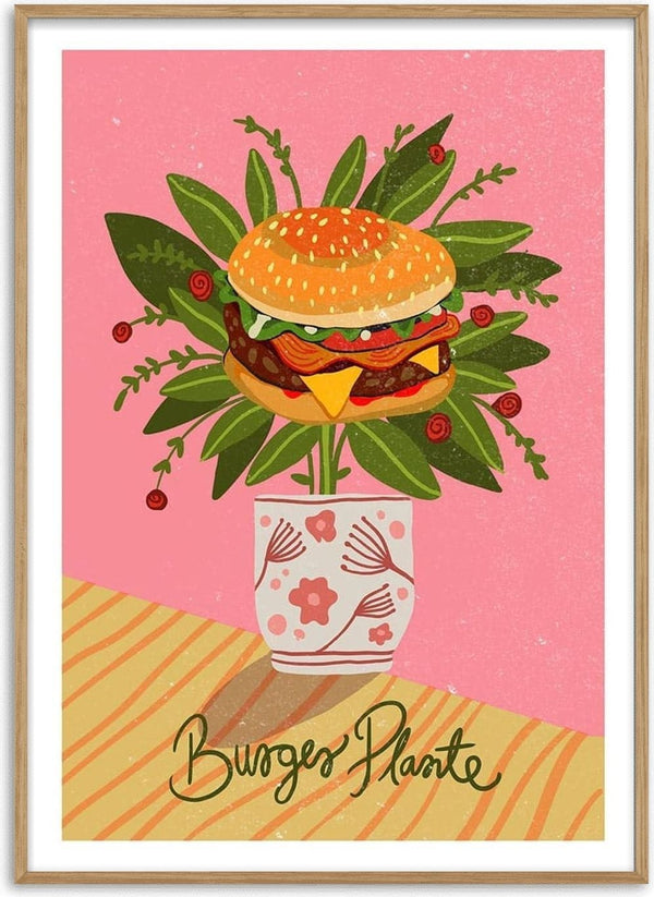 Illustration of a burger with leaves and berries in a vase, styled as a plant. Text reads "Burger Plante".