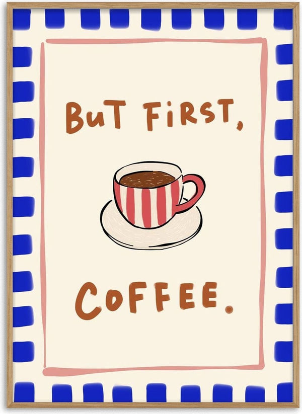 Illustration of a red-striped coffee cup with the text "But First, Coffee" on a decorative product page.